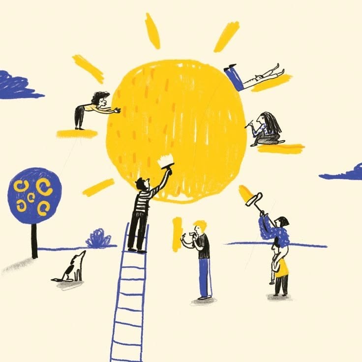Illustration joyeuse de personnes créant ensemble autour d’un grand soleil jaune