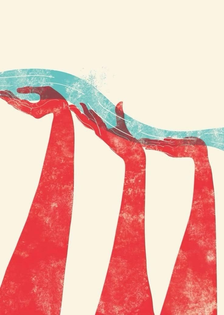 Illustration de mains rouges portant un mouvement bleu